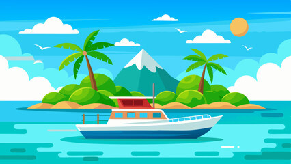  a boat in turquoise ocean water with a backdrop