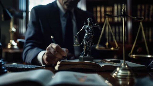Justice statue on lawyer's desk with scales in court symbolizes law and order. Justice statue is surrounded by books, pen, and paperwork, a scene of serious legal activity, embodying integrity in law.