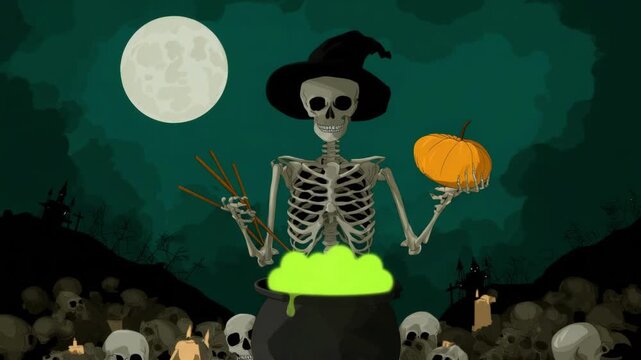 A skeleton in a witch hat stirs a green potion in a cauldron with a pumpkin, under a full moon, for Halloween.