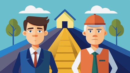 a businessman and roofer are facing forward giving