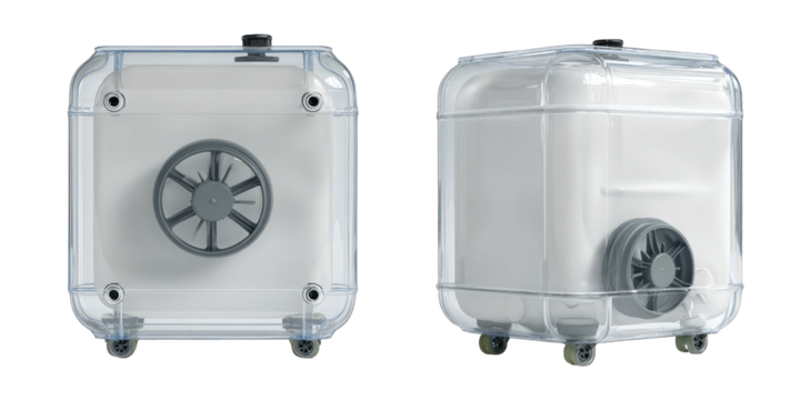 Two clear plastic containers, square, on wheels, with gray fan, appear to be portable