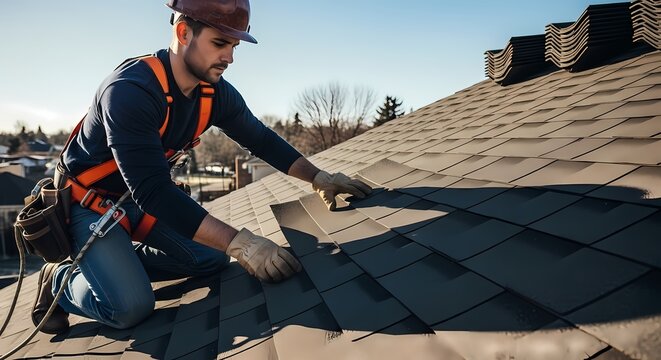 Professional roofer wearing gloves and safety gear installing roof shingles on a sunny day, representing home renovation, construction, and craftsmanship.