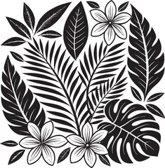 Black and White Tropical Leaves and Flowers Arrangement