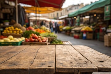 Fototapeta premium Empty wooden table in front of a bustling outdoor produce market