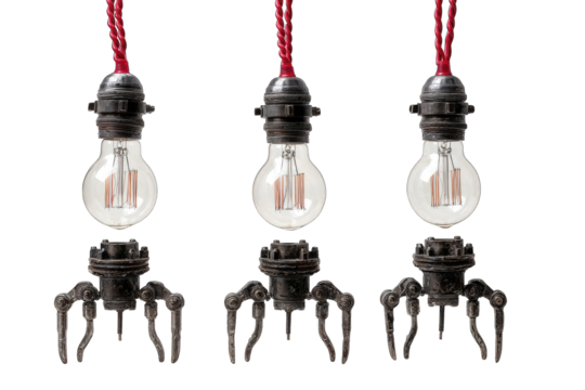 Three vintage-style light bulbs with robotic arms