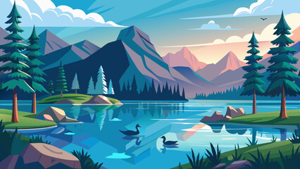 a serene lake surrounded by tall pine trees