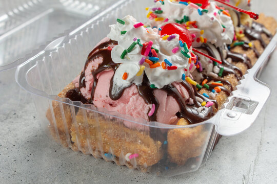 A closeup view of a churros sundae.
