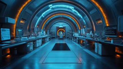 Futuristic Laboratory Interior with Science Equipment and Arch Lighting