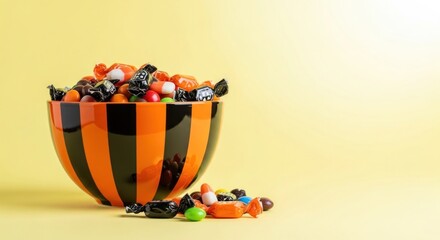 Halloween Candy Bowl with Assorted Candies on Yellow Background, Festive Treat