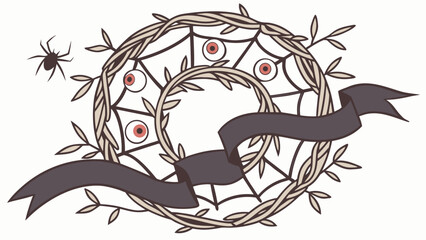 Spooky halloween wreath with spider and eyeballs featuring a dark ribbon banner for festive decorations and themed designs
