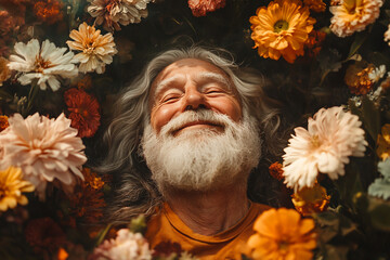 Joyful elderly man with a white beard surrounded by colorful flowers
