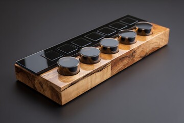 Professional music production tool with sleek black controls and natural wood finish perfect for studio setups or showcasing modern audio tech
