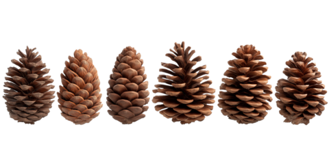 Six Pine Cones Lined Up in a Row conifer cone seed cone isolated on a transparent background