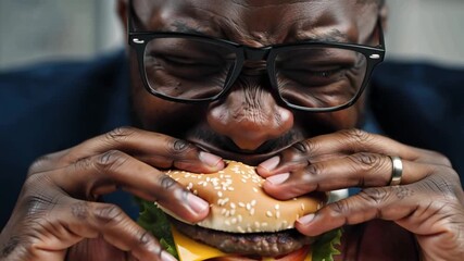 man African American in business clothes eating tasty burger at desk in office
- Powered by Adobe