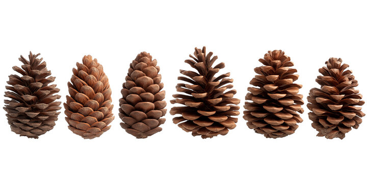 Six Pine Cones Lined Up in a Row conifer cone seed cone isolated on a transparent background