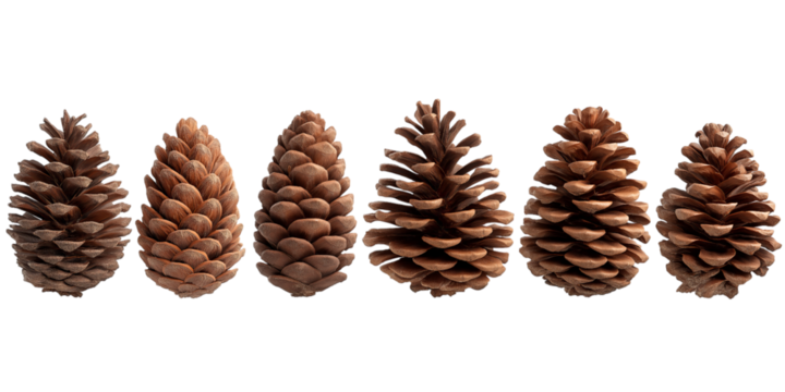Six Pine Cones Lined Up in a Row conifer cone seed cone isolated on a transparent background