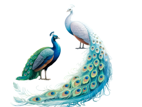 Elegant peacocks displaying vibrant plumage isolated on a transparent background birds blue