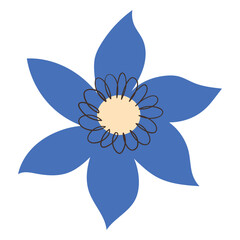 Blue Pointed Petal Flower With Cream Center And Black Outlined Petals. Elegant cartoon blossom with star-shaped petals, great for invitations, greeting cards, posters, nature crafts, and sticker