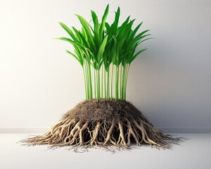 Plant with vibrant green leaves sprouting from a large, exposed root system