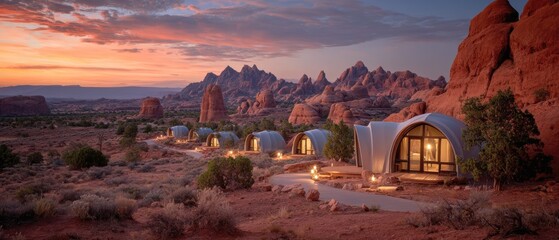 Cozy luxury glamping tents in a remote desert landscape at sunset, surrounded by red rock formations under a vibrant sky