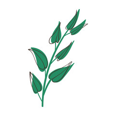 Green Botanical Branch With Black Line Accents in Hand Drawn Style. Minimalist cartoon foliage element for floral arrangements, perfect for invitations, wedding cards, posters, seasonal crafts, and