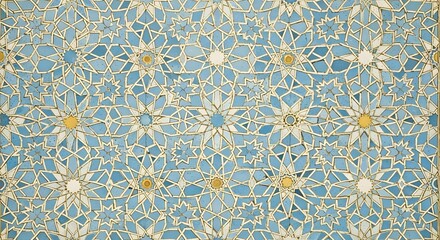 A vibrant and complex ornamental pattern of interlocking star and floral motifs in blue, white, and yellow, resembling traditional mosaic art.