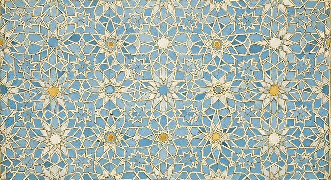 A vibrant and complex ornamental pattern of interlocking star and floral motifs in blue, white, and yellow, resembling traditional mosaic art.
