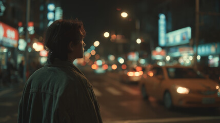 A woman is standing on a street looking at the cars