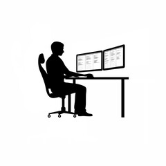 Silhouette of a male blockchain engineer working at a desk isolated on white background
