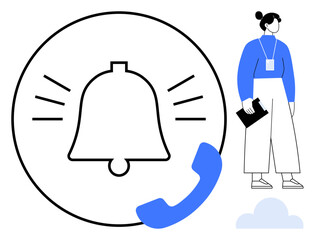 Large ringing bell with phone receiver symbolizes notifications. Nearby woman with clipboard conveys professionalism. Ideal for communication, alerts, teamwork, productivity, technology, reminders