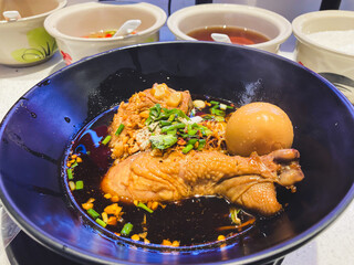 Chicken with egg, Thai noodles and vegetables for a delicious meal