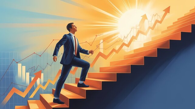 Motivational illustration showing a man ascending steps with a background of growth charts, representing ambition, progress, and financial success.