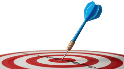 Blue dart perfectly hitting the bullseye on a target isolated on transparent background