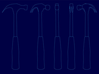 Five contour hammers in a line drawing stand out against a blue background. Each hammer has a distinct shape and size, creating visual interest. The minimalist design highlights the tools' outlines.