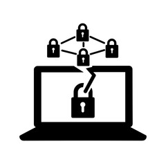 Silhouette of computer network with broken lock, symbol of cybersecurity breach and data vulnerability