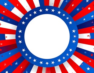 Patriotic circular design with radiating stripes and stars.