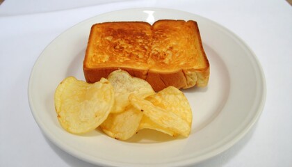 Toasted bread and potato chips on a plate.