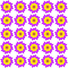A seamless grid of vivid flowers with golden-yellow centers, bright yellow inner petals, and vibrant purple outer petals blooms against a clean white background.