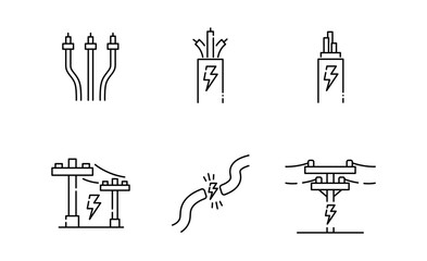 Set of Wires or cables icon, Pole Symbol Outline icon, Editable Stroke