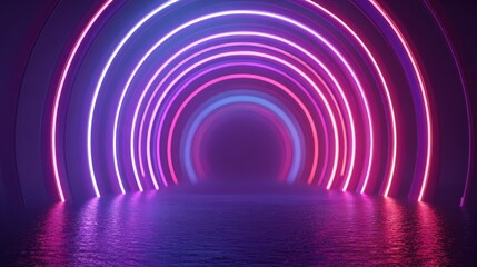 Fototapeta premium Abstract Neon Tunnel with Circular Lights, Purple, Pink, Blue Colors, and Reflective Floor, Modern Sci-Fi Background