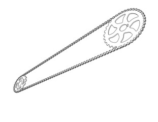 Precision Bicycle Chain and Sprocket Technical Drawing: Monochrome Line Art Wireframe Illustration for Engineering and Mechanical Power Transmission Systems and Industrial Design Schematics.