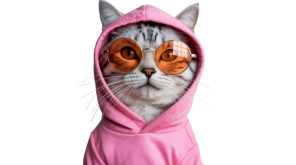 Stylish cat wearing pink hoodie and orange sunglasses isolated on transparent background