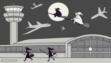 Witches fly broomsticks past airport control tower and terminal while passengers arrive for flights under a full moon