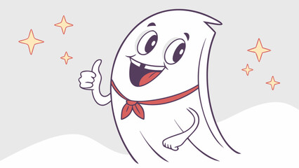 Friendly cartoon ghost character giving a thumbs up with a cheerful smile and a red bandana surrounded by sparkling stars on a light grey background