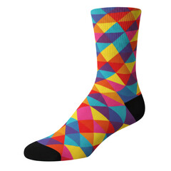 Colorful geometric patterned sock with black toe and heel, angled view