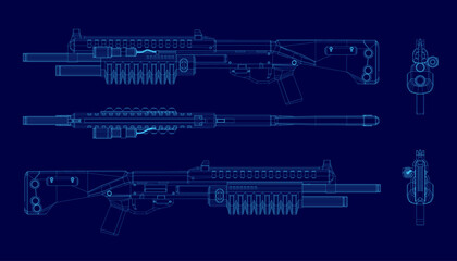 Detailed blueprint of an assault rifle with labeled components on a blue background. The wireframe design highlights the barrel, muzzle, and stock for technical reference.