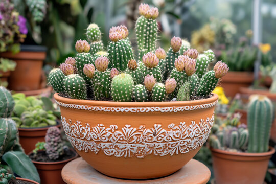 Many green cacti with pink flower buds growing in a decorative terracotta pot - Powered by Adobe
