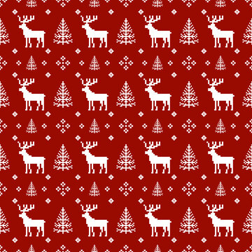 Christmas and New Year seamless pattern. snowflakes  reindeer and Christmas tree on  pixel pattern for winter hat,jumper,sweater, wrapping,fabric,border,rim,carpets, blankets, towels.