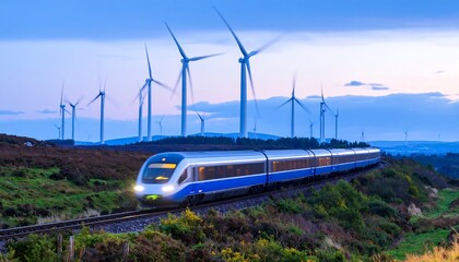 Fototapeta premium Train and wind turbines at sunset