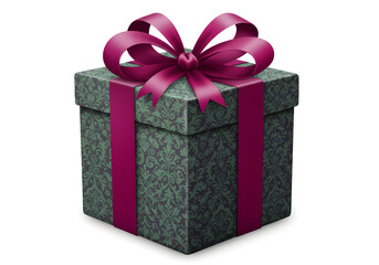 Obraz premium Beautifully wrapped gift box with elegant purple ribbon and festive green damask pattern